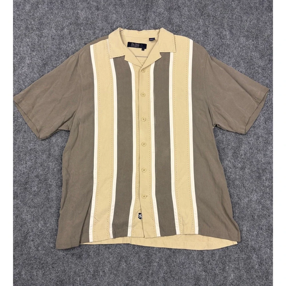Nat Nast Luxury Originals 100% Silk Short Sleeve Bowling Shirt Tan Brown Mens L